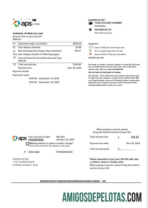 Em branco modelo de comprovante de endereço de eletricidade APS dos EUA, Arizona, em formatos Word e PDF